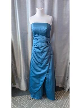 David's Bridal Blue Satin Gathered Long Strapless Gown 6